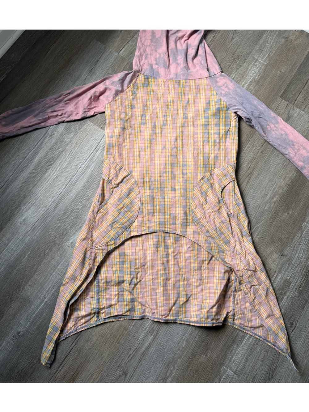 Crescent Moon Plaid Pastel Midi Flannel Mock Neck Long Tie-Dye Yellow Pink S